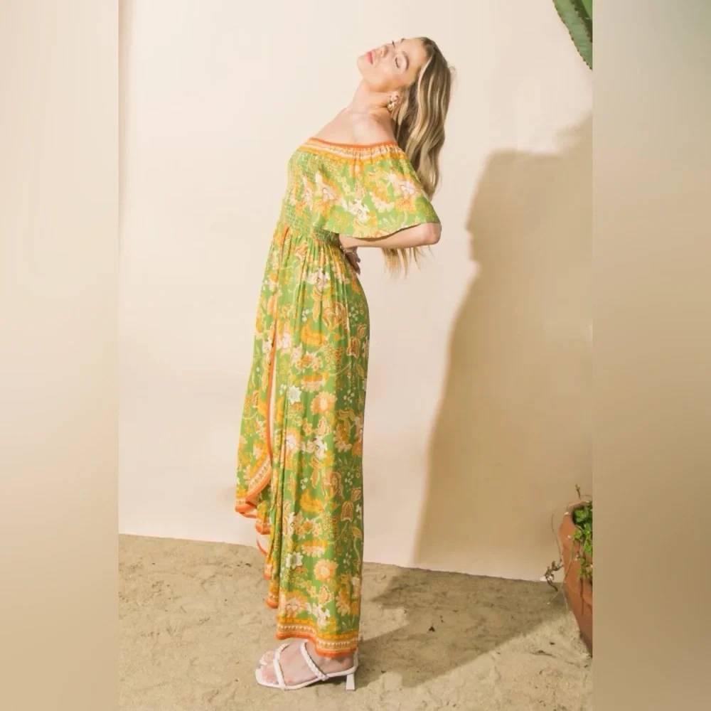 Off Shoulder Tropical Print Floral Smocked Maxi Dress - Picture 4 of 8